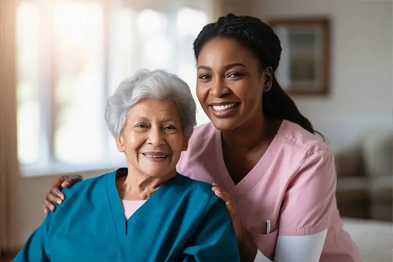 NYHC nurse posing with an elderly patient, symbolizing our commitment to providing compassionate nursing care for patients